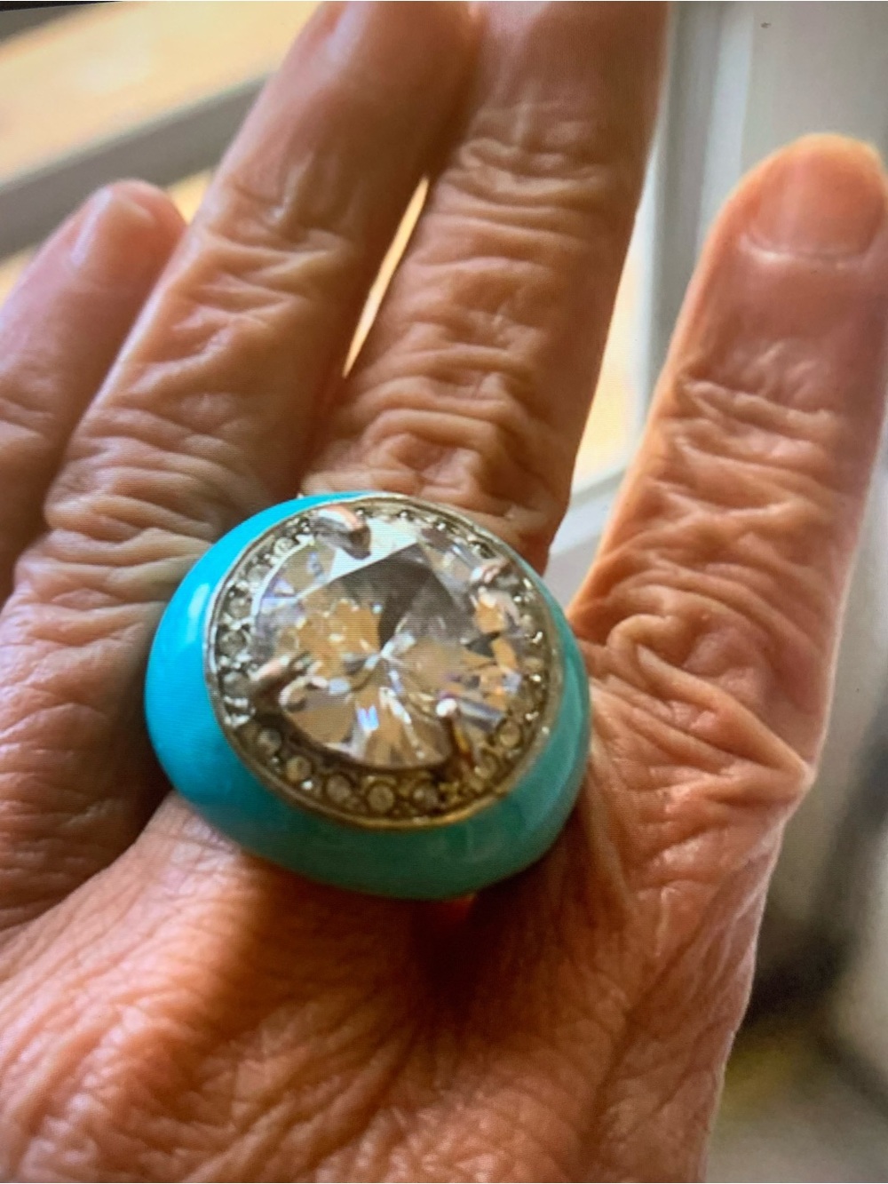 Turquoise Crystal Dome Cocktail Ring with Clear Center Stone